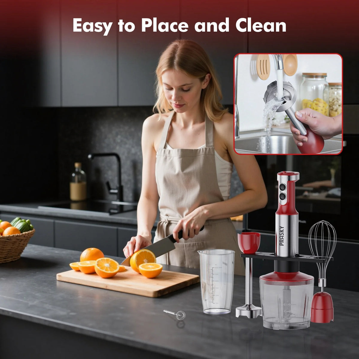 Prasky Handheld Immersion Blender With Steel Whisk And Chopper
