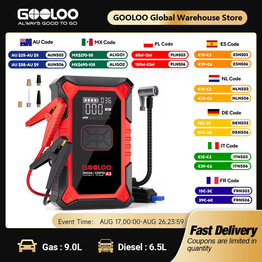 Gooloo Portable Car Jump Starter With Integrated Air Compressor