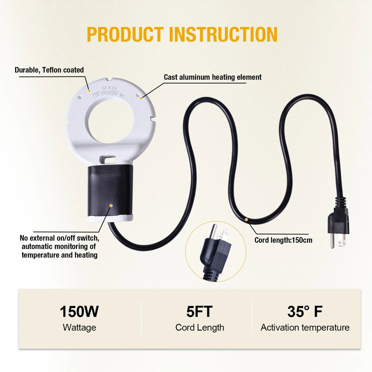 Submergible Cast Aluminum Thermostatic Control Bird Bath Heater De-Icer for Livestock Poultry Birds Cows Horses Drink Water