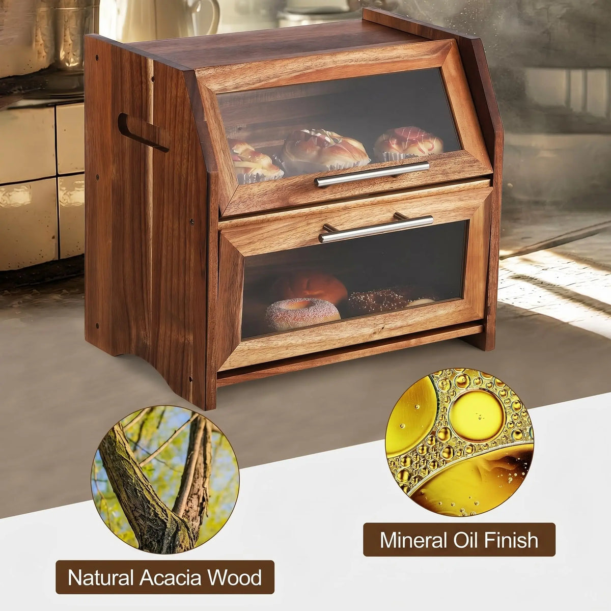 HiMISS Acacia Wood Double Layer Bread Box With Clear Doors