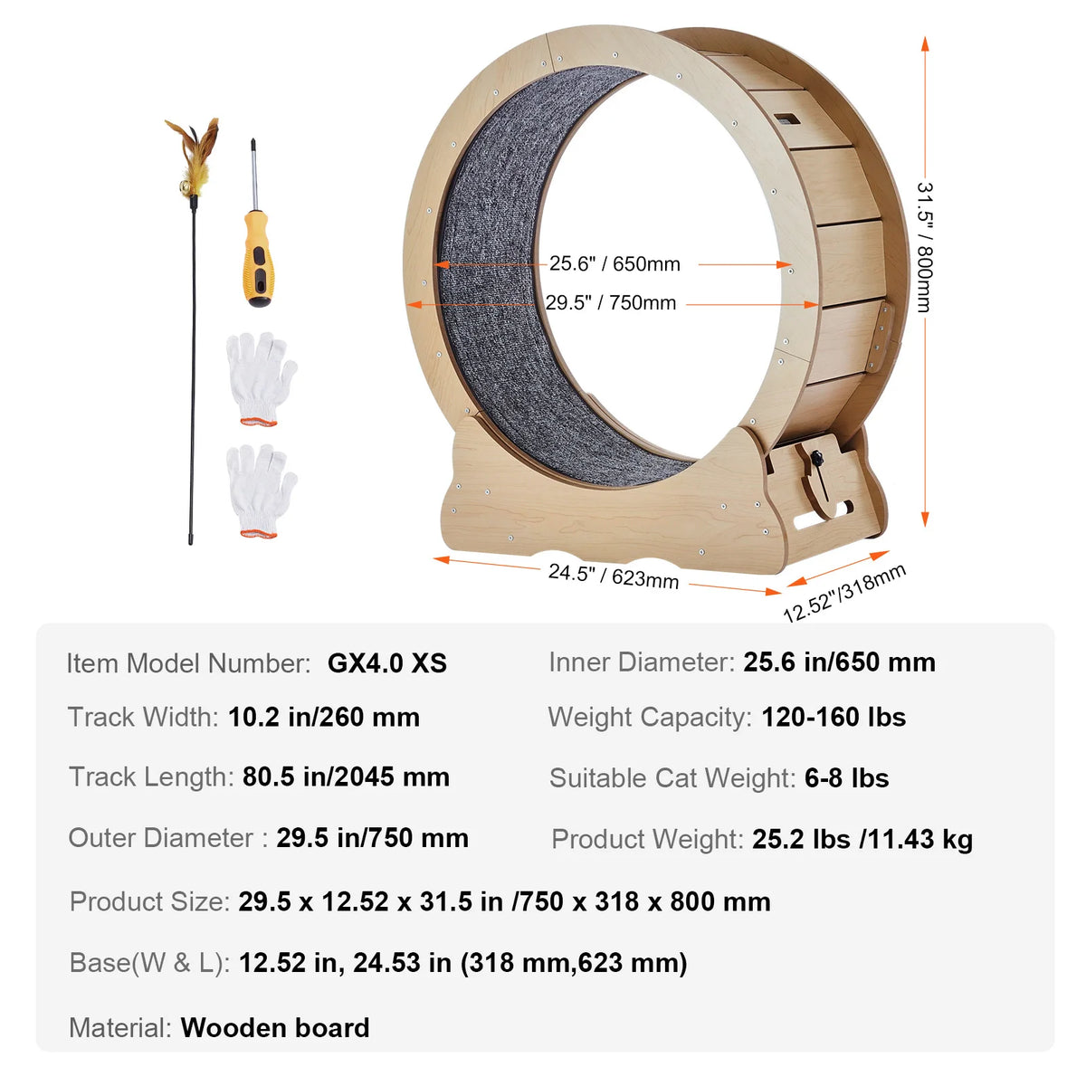 Wooden Indoor Cat Exercise Wheel With Detachable Carpet And Teaser