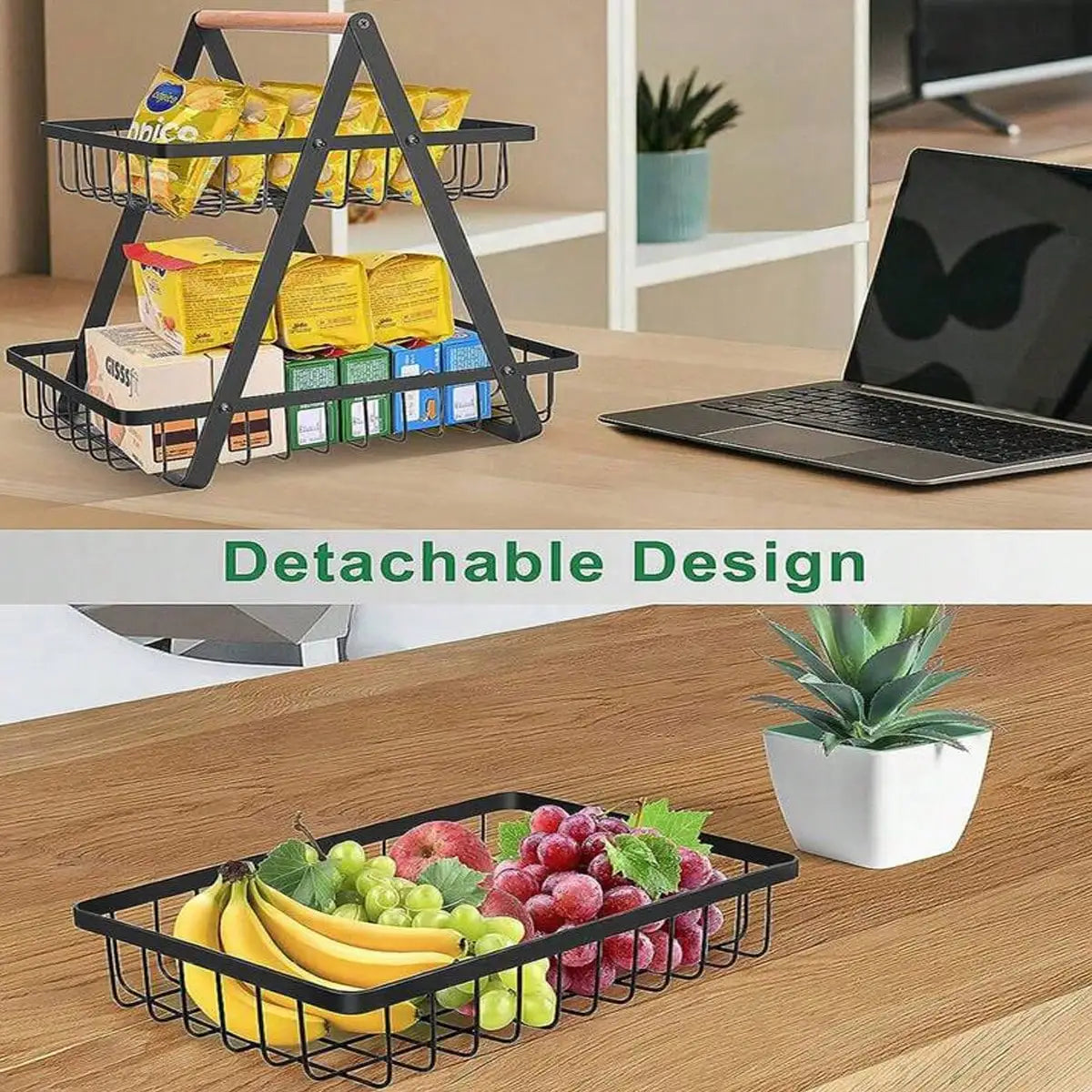 Two Tier Stainless Steel Fruit Basket With Wooden Handle Stand