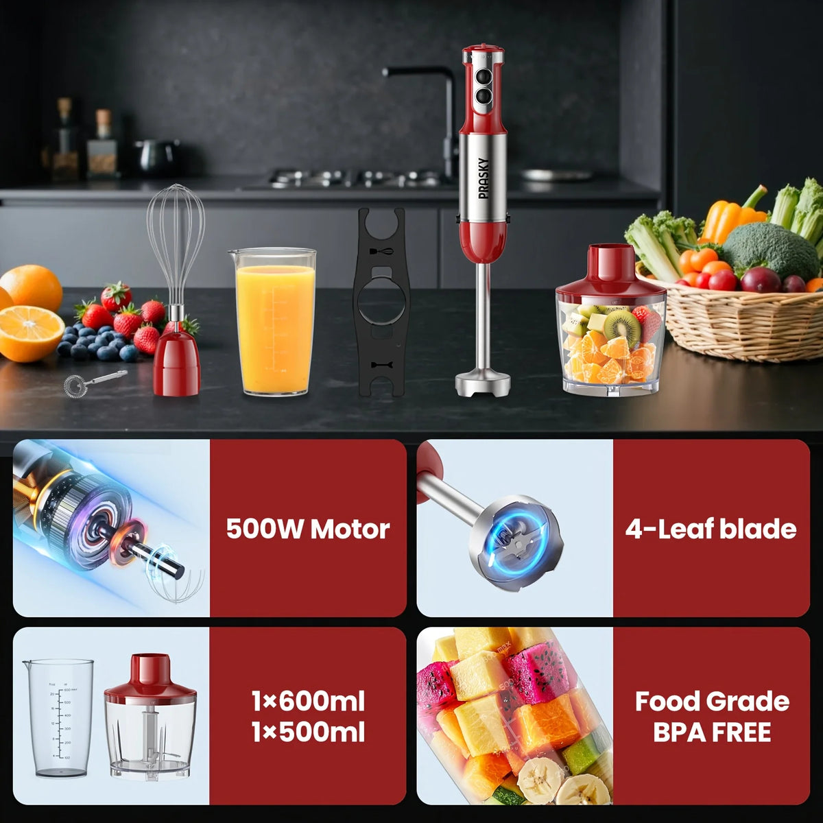 Prasky Handheld Immersion Blender With Steel Whisk And Chopper