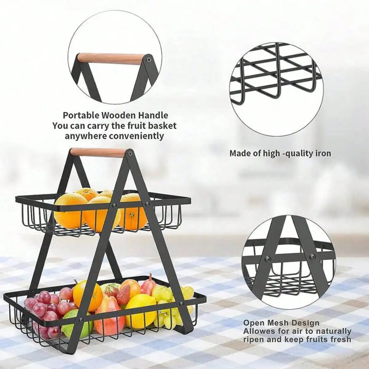 Two Tier Stainless Steel Fruit Basket With Wooden Handle Stand
