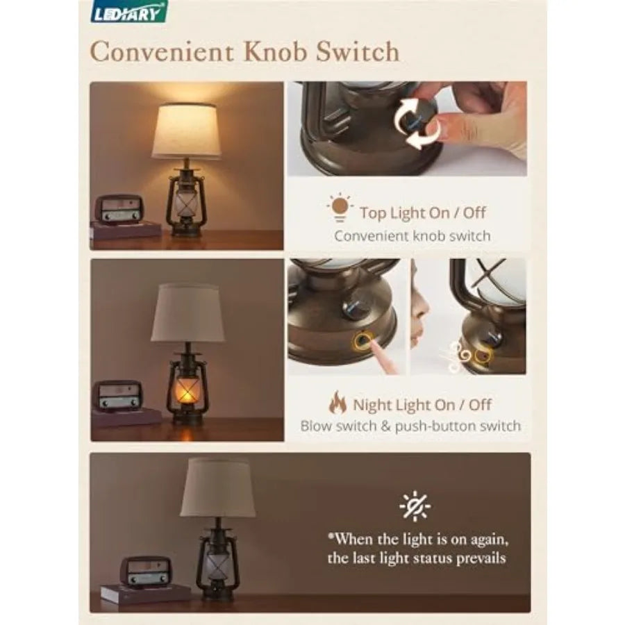 18.72" Blow-Controlled LED Lantern Flickering Flame Table Lamps for Bedrooms Set of 2, Small Farmhouse Rustic Bronze End Table