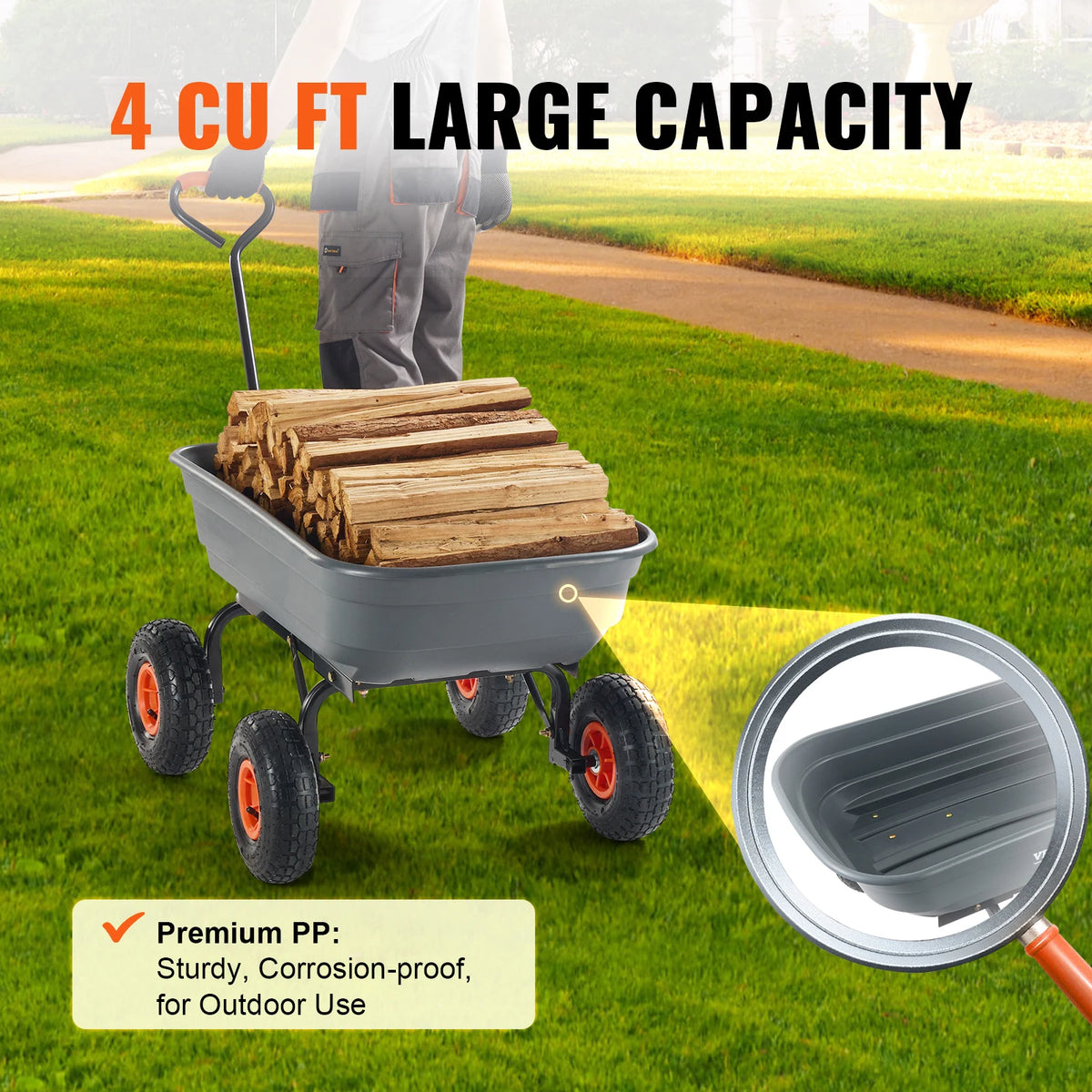 SucceBuy Steel Frame Garden Dump Cart With Convertible Handle