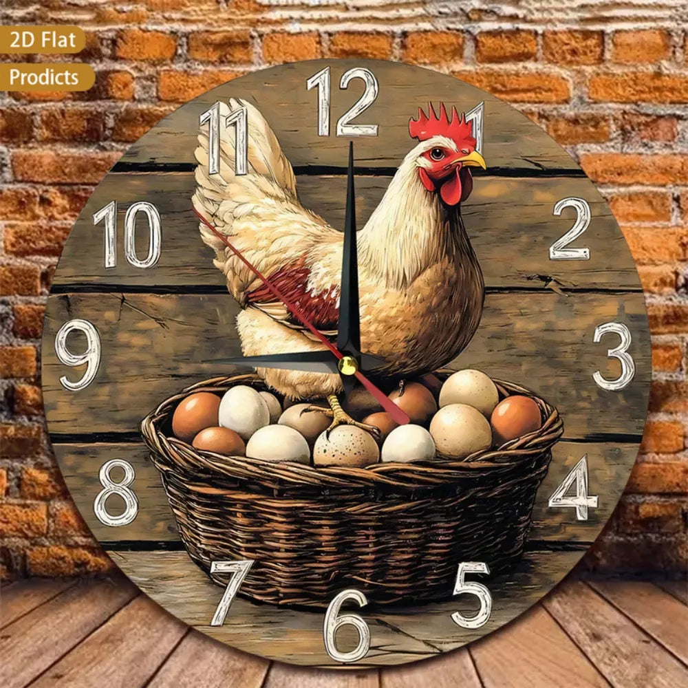 1pc Farmhouse Chicken Wall Clock 12 Inch - Rustic Wood Silent Non-Ticking Nursery Room Decor with Cute Chicks & Hens Design, Bat