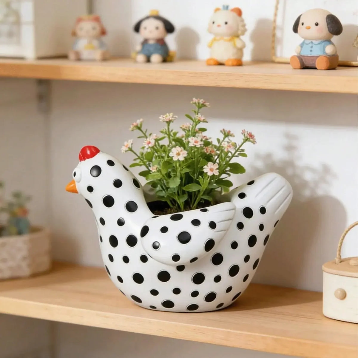 1Pc Resin Rooster Sculpture Planter, Cute Polka Dot Chicken Succulent Pot, Artistic Decor Statue Planting Container Planter Pots for Garden, Desktop, Home, Outdoor Courtyard, Terrace & Farmhouse