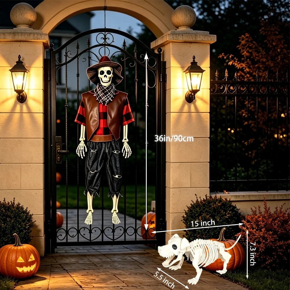 Posable Halloween Cowboy Skeleton And Plastic Dog Outdoor Decor