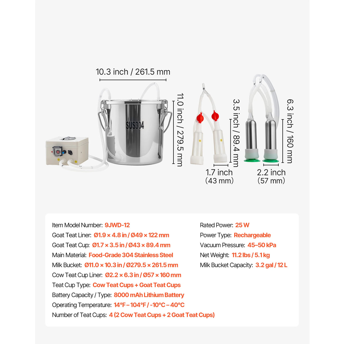 SucceBuy Goat Milking Machine 0.8/1.8/3.2 Gal Stainless Steel Bucket with 2/4 Teat Cups Electric Milking Machine for Goats Only