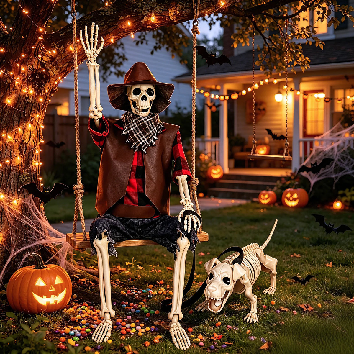 Posable Halloween Cowboy Skeleton And Plastic Dog Outdoor Decor