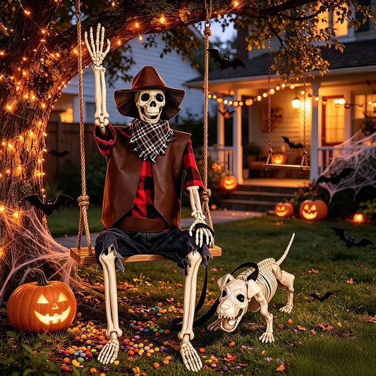 Posable Halloween Cowboy Skeleton And Plastic Dog Outdoor Decor