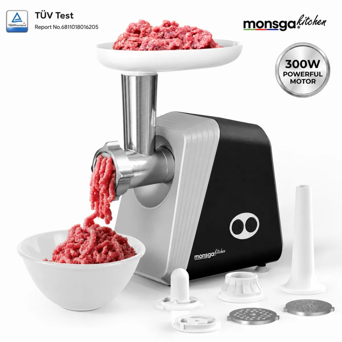 MONSGA by erabros G100 Electric Meat Grinder,1200W MAX Power Motor, Heavy Duty Meat Mincer, Sausage Stuffer Maker, Food Grinder with Sausage , Grinder Plates, Includes 3 Cutting Discs Meat Maker for Home Kitchen