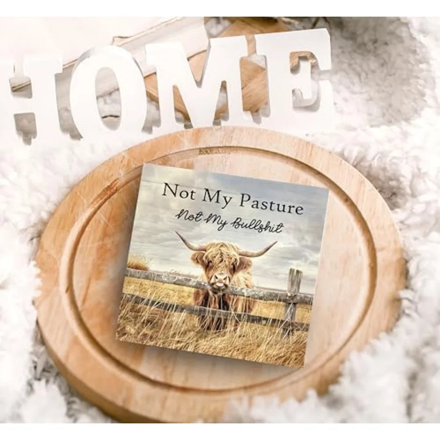 Funny Western Highland Cow Wood Box Sign Desk Decor, Highland Cow Gifts, Rustic Farmhouse Western Theme Wooden Block Box Sign D