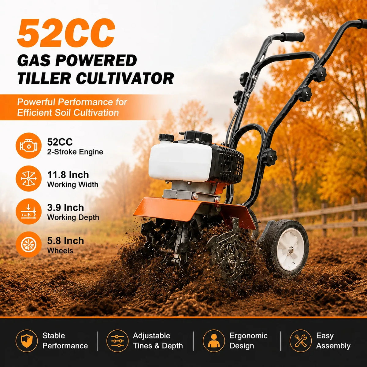 Professional Grade Gas Powered Tiller Cultivator With Adjustable Steel Tines