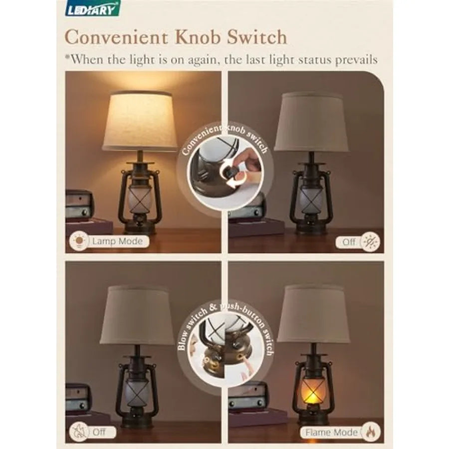 18.72" Blow-Controlled LED Lantern Flickering Flame Table Lamps for Bedrooms Set of 2, Small Farmhouse Rustic Bronze End Table