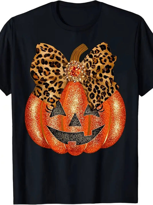 Womens Cotton Crew Neck Top With Glitter Leopard Print Design
