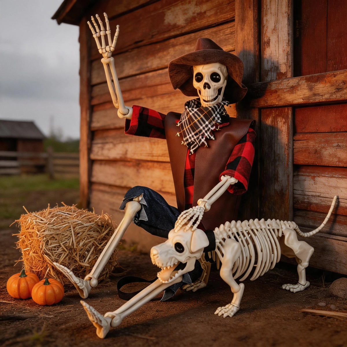 Posable Halloween Cowboy Skeleton And Plastic Dog Outdoor Decor