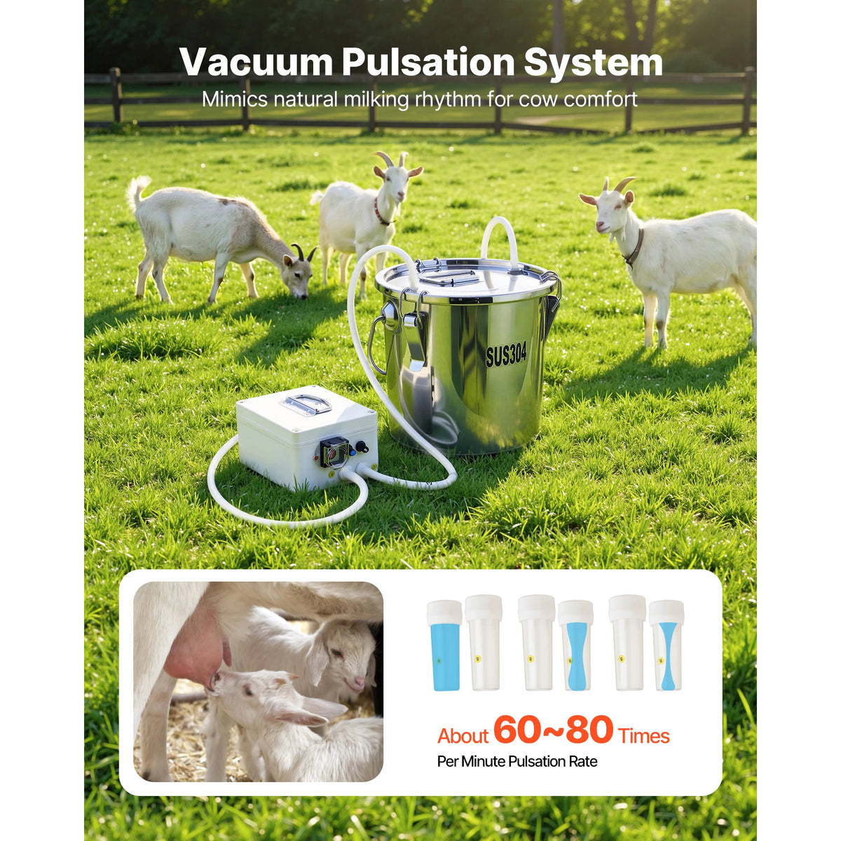 SucceBuy Goat Milking Machine 0.8/1.8/3.2 Gal Stainless Steel Bucket with 2/4 Teat Cups Electric Milking Machine for Goats Only