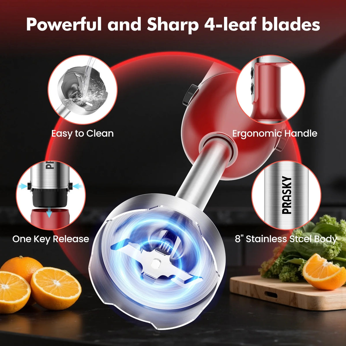 Prasky Handheld Immersion Blender With Steel Whisk And Chopper