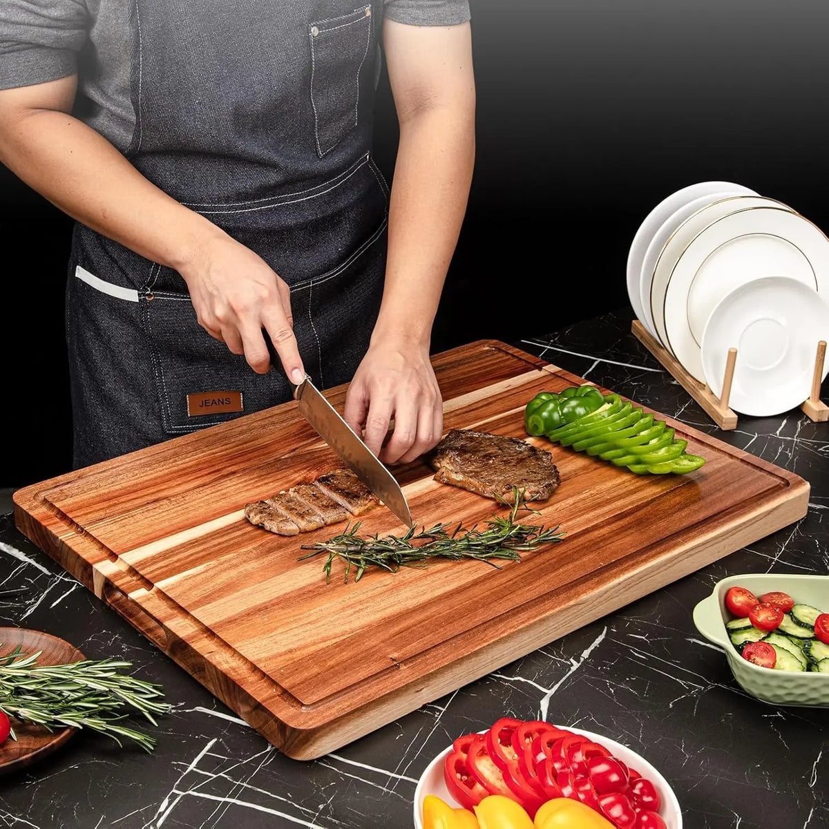 Twister.Ck Reversible Wood Cutting Board With Juice Groove And Handle