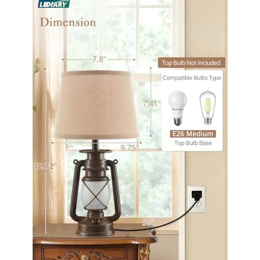 18.72" Blow-Controlled LED Lantern Flickering Flame Table Lamps for Bedrooms Set of 2, Small Farmhouse Rustic Bronze End Table
