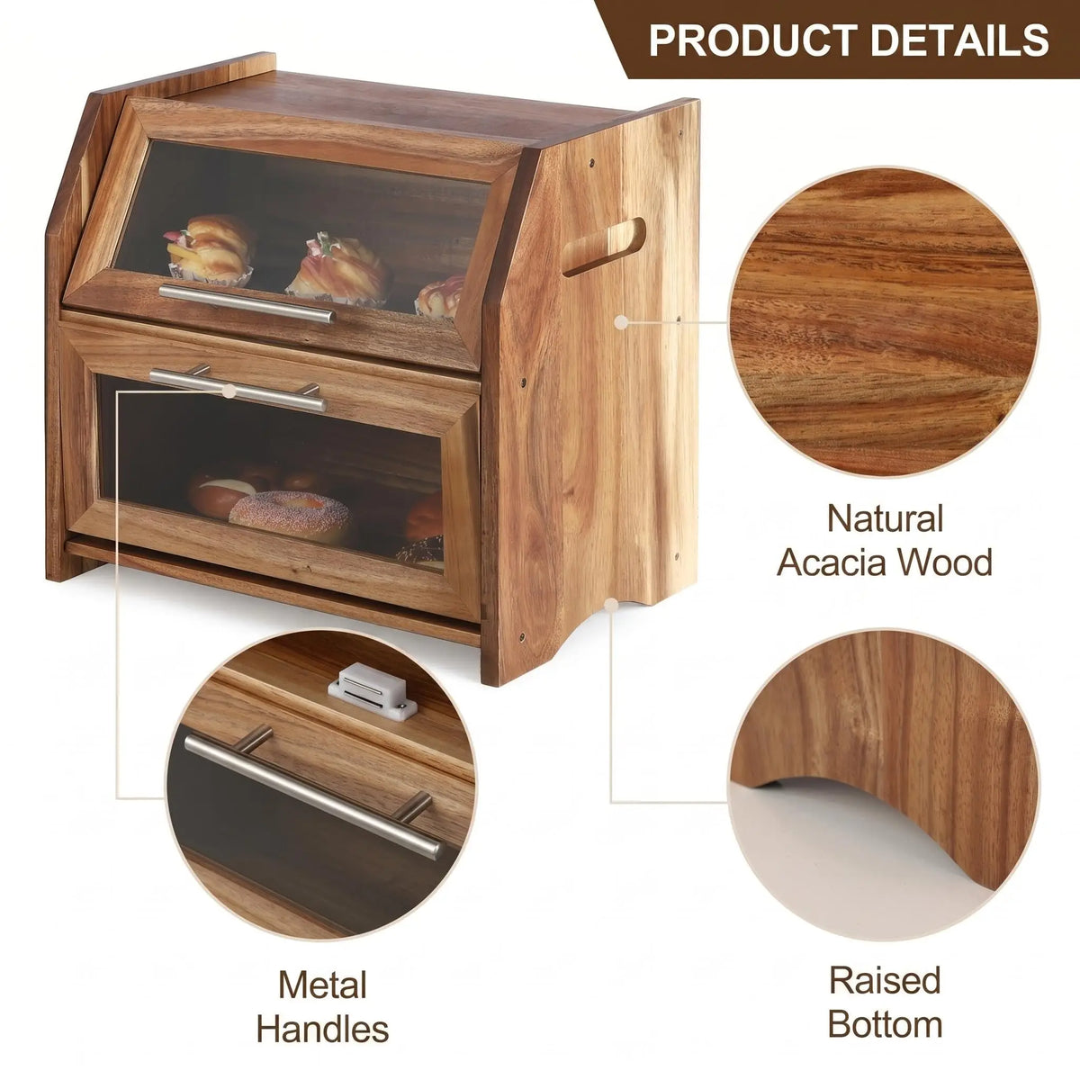 HiMISS Acacia Wood Double Layer Bread Box With Clear Doors