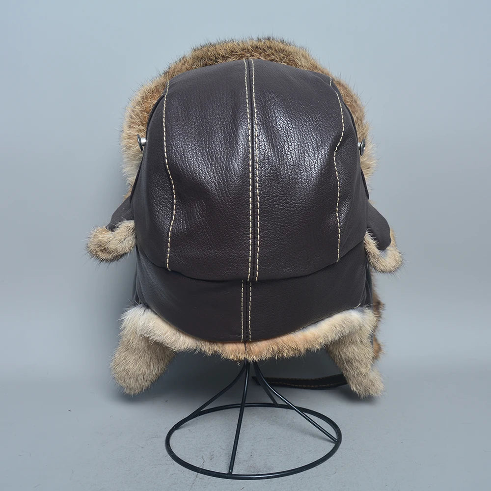 New Winter Men 100% Natural Rabbit Fur Bomber Hat Genuine Sheepskin Leather Cap Men Outdoor Windproof Super Warm Rabbit Fur Caps