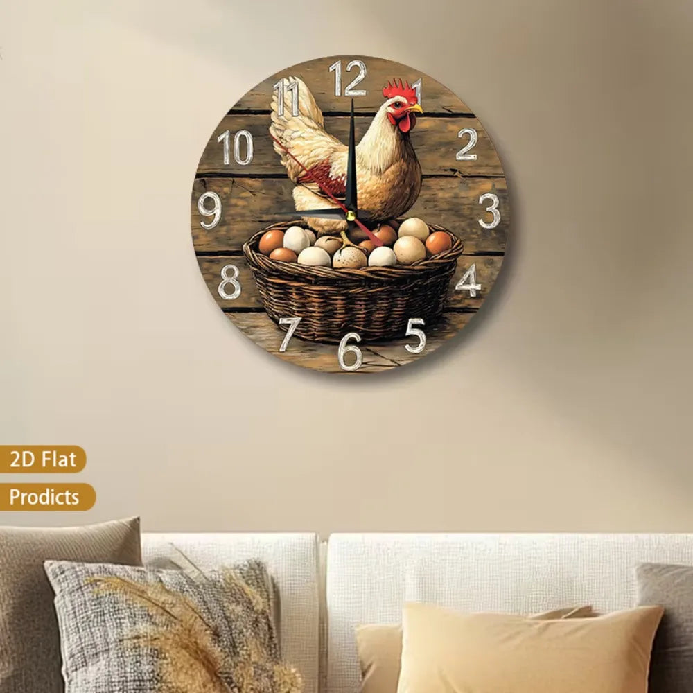 1pc Farmhouse Chicken Wall Clock 12 Inch - Rustic Wood Silent Non-Ticking Nursery Room Decor with Cute Chicks & Hens Design, Bat