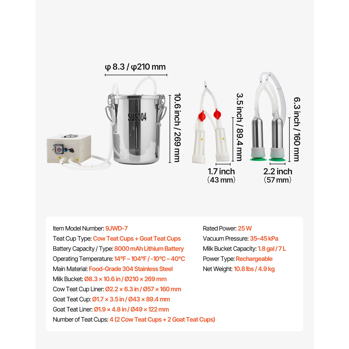 SucceBuy Goat Milking Machine 0.8/1.8/3.2 Gal Stainless Steel Bucket with 2/4 Teat Cups Electric Milking Machine for Goats Only