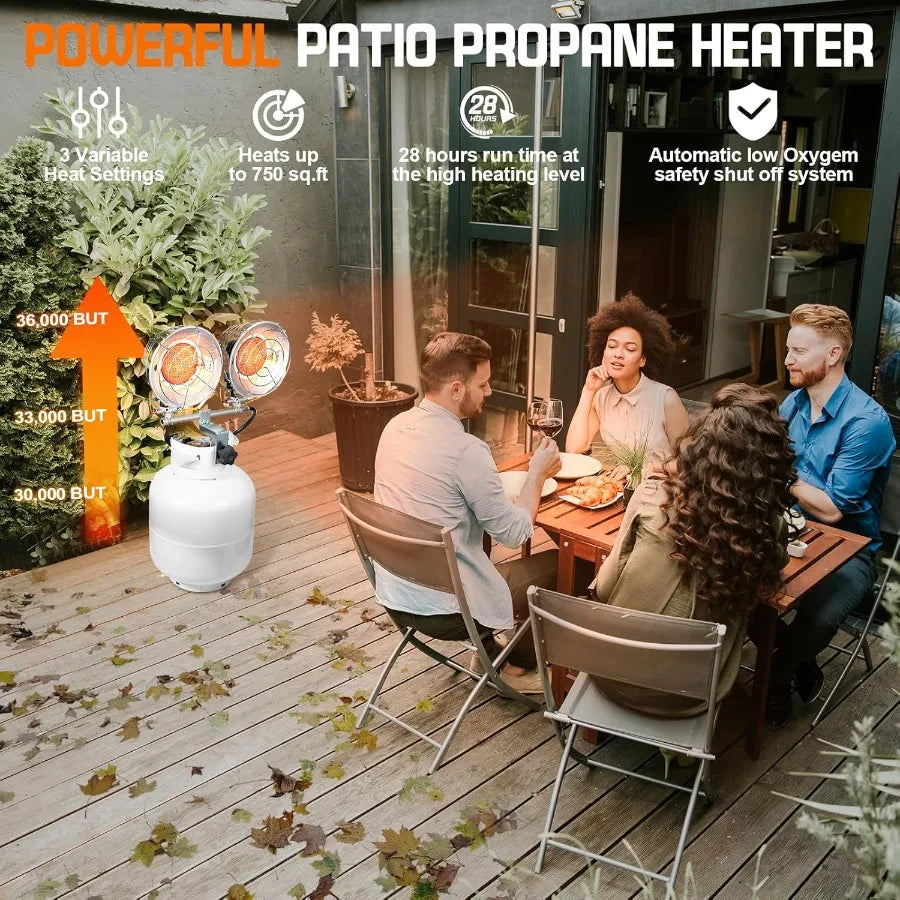 Double Tank Top Outdoor Propane Heater With a Windproof Lighter 36000BTU Outdoor Propane Heater With Shut-off Valve and Tip-ove