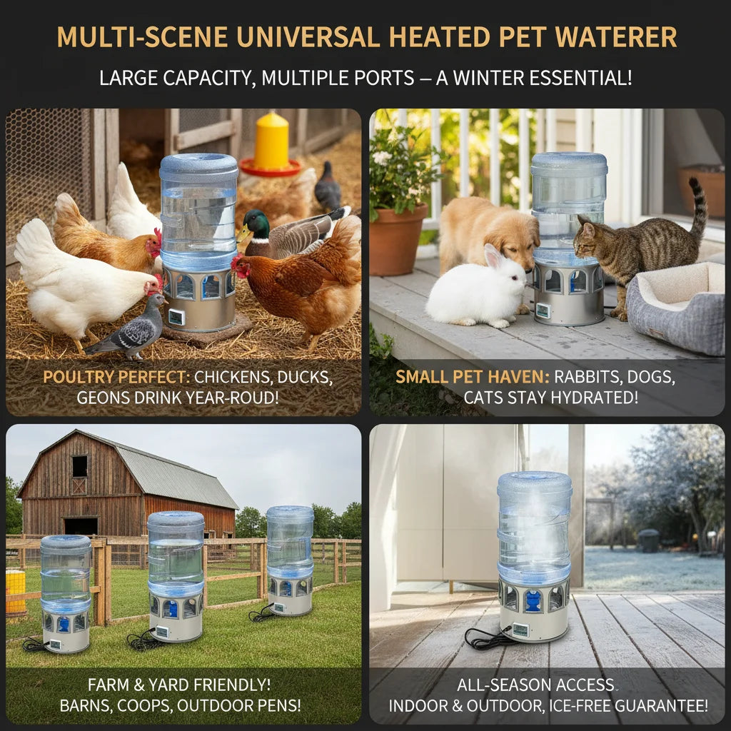 Stainless Steel Heated Chicken Waterer 5 Gal, 80W Auto Thermostat Water Heater for Poultry, Adjustable Temp 32-122°F with LED Display & 9 Windows, Anti-Freeze for Winter, Silver-Blue