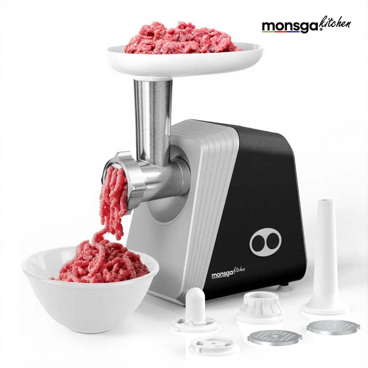 MONSGA by erabros G100 Electric Meat Grinder,1200W MAX Power Motor, Heavy Duty Meat Mincer, Sausage Stuffer Maker, Food Grinder with Sausage , Grinder Plates, Includes 3 Cutting Discs Meat Maker for Home Kitchen