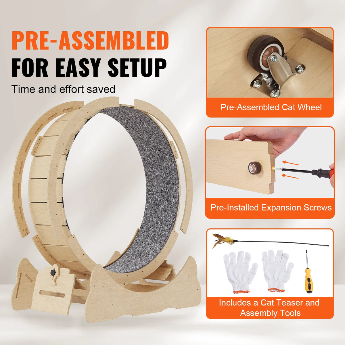 Wooden Indoor Cat Exercise Wheel With Detachable Carpet And Teaser