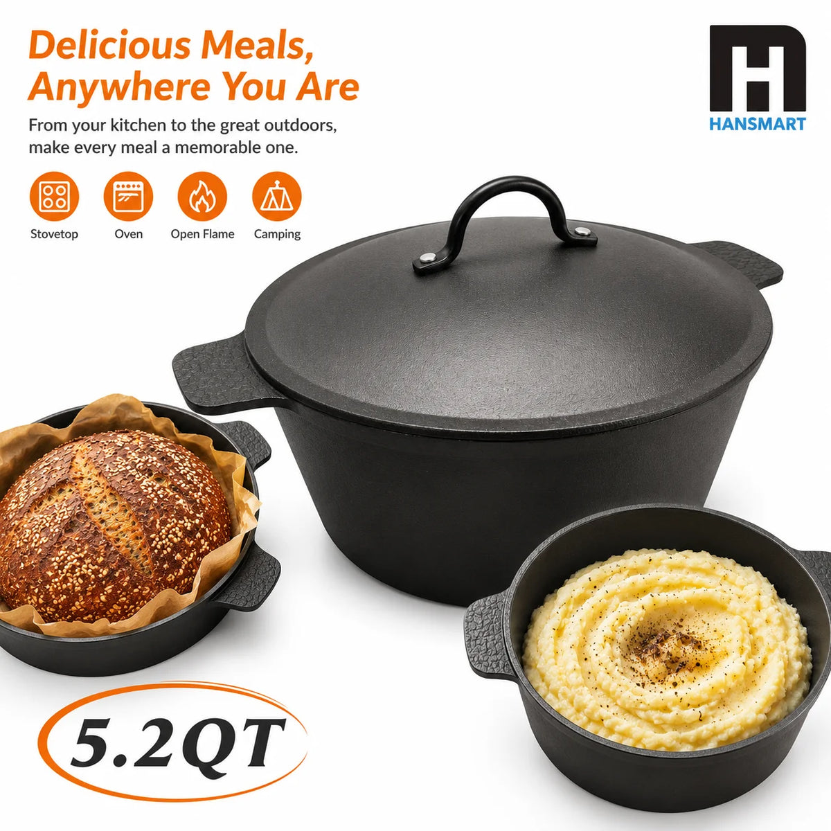 HanSMART Cast Iron Dutch Oven Nonstick Cooking Pot With Lid