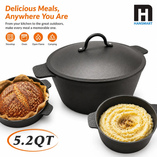 HanSMART Cast Iron Dutch Oven Nonstick Cooking Pot With Lid