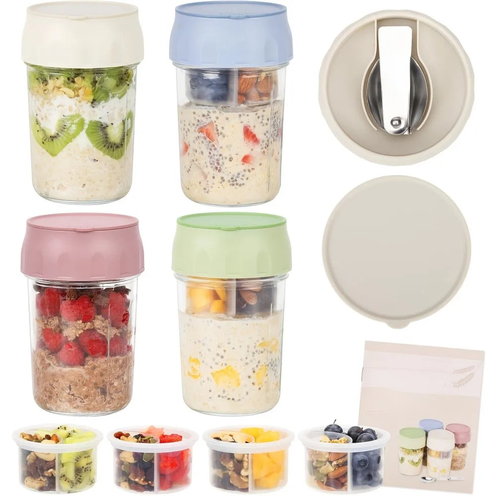 4pcs Glass Mason Jars with Lids & Folding Spoons Suitable for Overnight Oats, Divided Compartments for Fruit/Nuts, Small 16oz Jars for Yogurt Parfait, Oatmeal, for Office, Lunchboxes - Multi-Containers