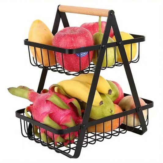 Two Tier Stainless Steel Fruit Basket With Wooden Handle Stand