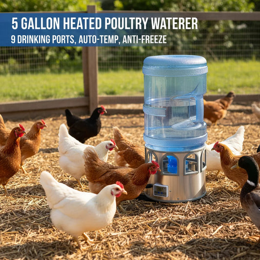Stainless Steel Heated Chicken Waterer 5 Gal, 80W Auto Thermostat Water Heater for Poultry, Adjustable Temp 32-122°F with LED Display & 9 Windows, Anti-Freeze for Winter, Silver-Blue