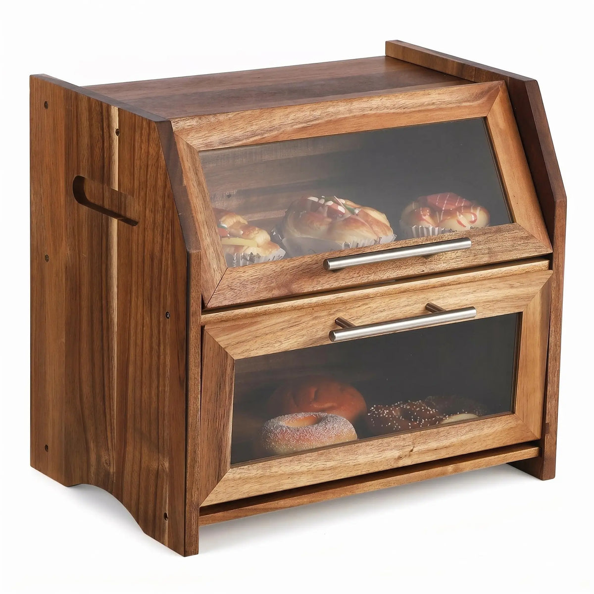 HiMISS Acacia Wood Double Layer Bread Box With Clear Doors