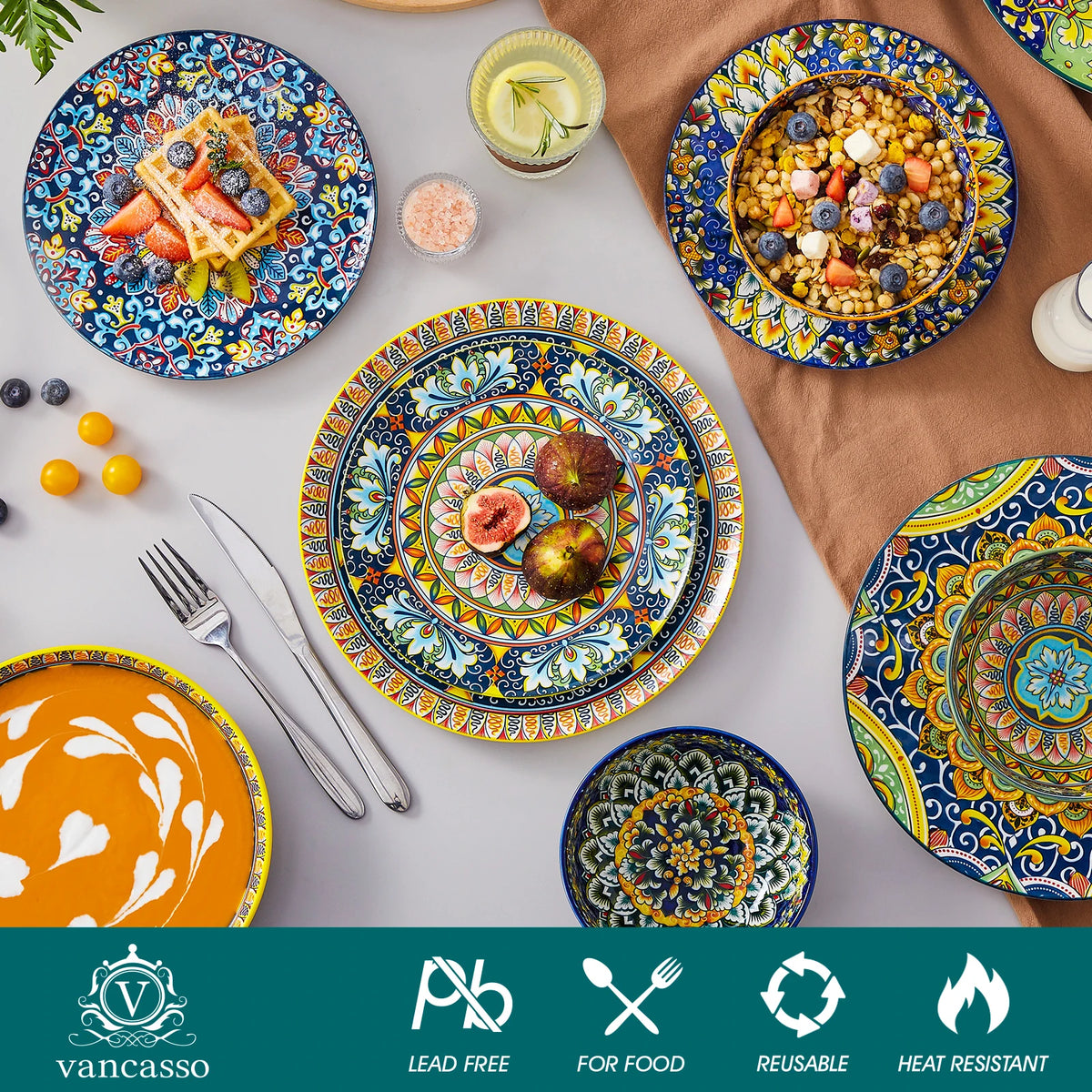 Malacasa 24 Piece Porcelain Dinnerware Set Bohemian Ceramic Plates Bowls