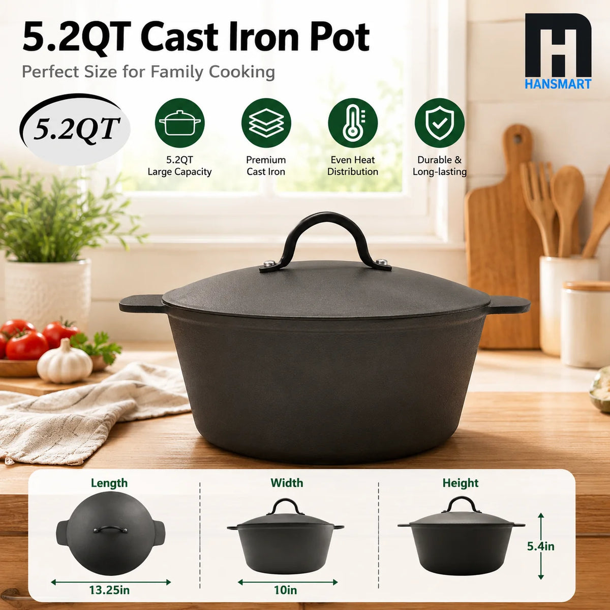 HanSMART Cast Iron Dutch Oven Nonstick Cooking Pot With Lid