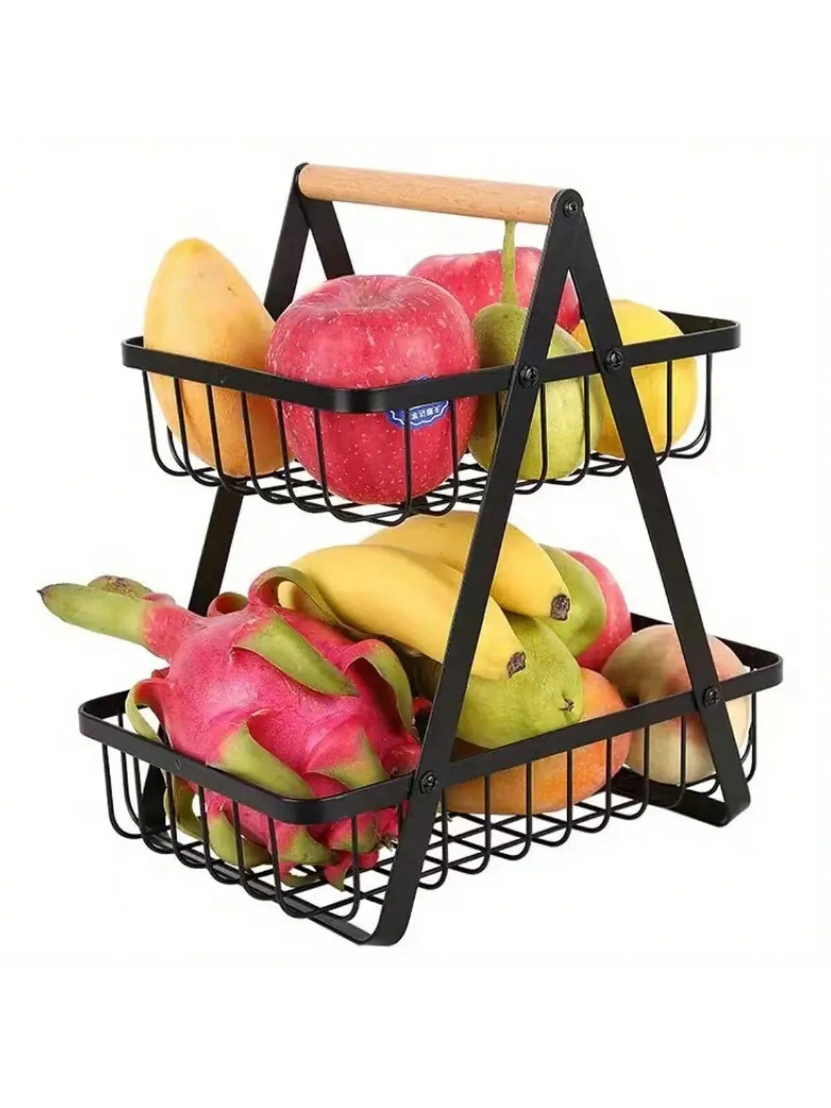 Two Tier Stainless Steel Fruit Basket With Wooden Handle Stand