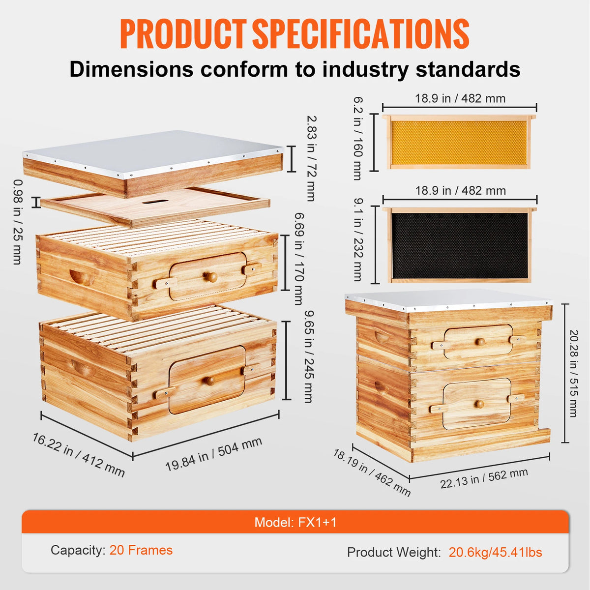 SucceBuy Bee Hive Deep Box Starter Kit 100% Beeswax Coated Natural Cedar Wood Langstroth Beehive Kit Transparent Acrylic