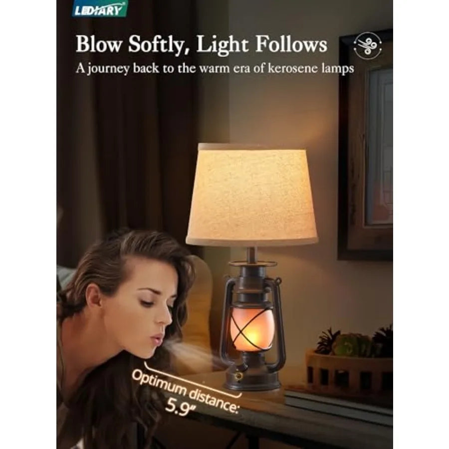 18.72" Blow-Controlled LED Lantern Flickering Flame Table Lamps for Bedrooms Set of 2, Small Farmhouse Rustic Bronze End Table