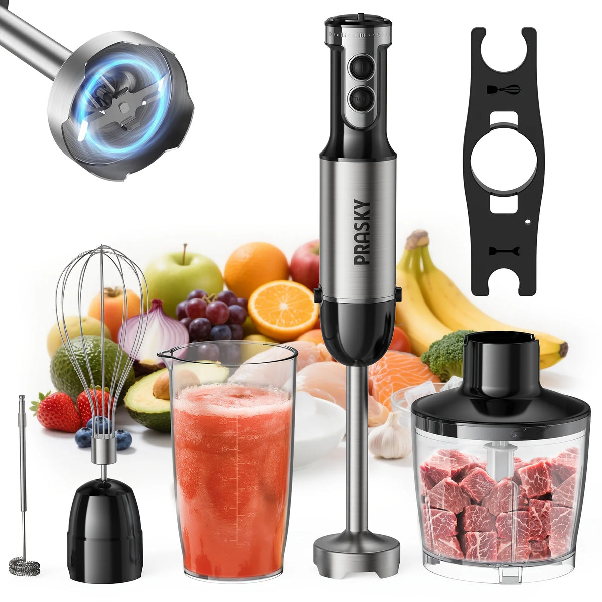 Prasky Handheld Immersion Blender With Steel Whisk And Chopper