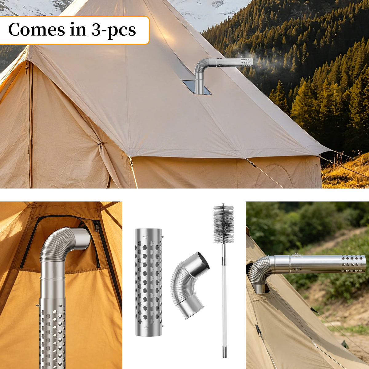 Stainless Steel Wood Stove Chimney Equipment-Elbow Pipe and Chimney Brush, 3.5 Inches (9 cm) X 12.6 Inches (32 cm), Suitable for Wood-Burning Stove Chimney Ventilation Pipe, Stove Accessories, Camping Wood Stove Accessories,