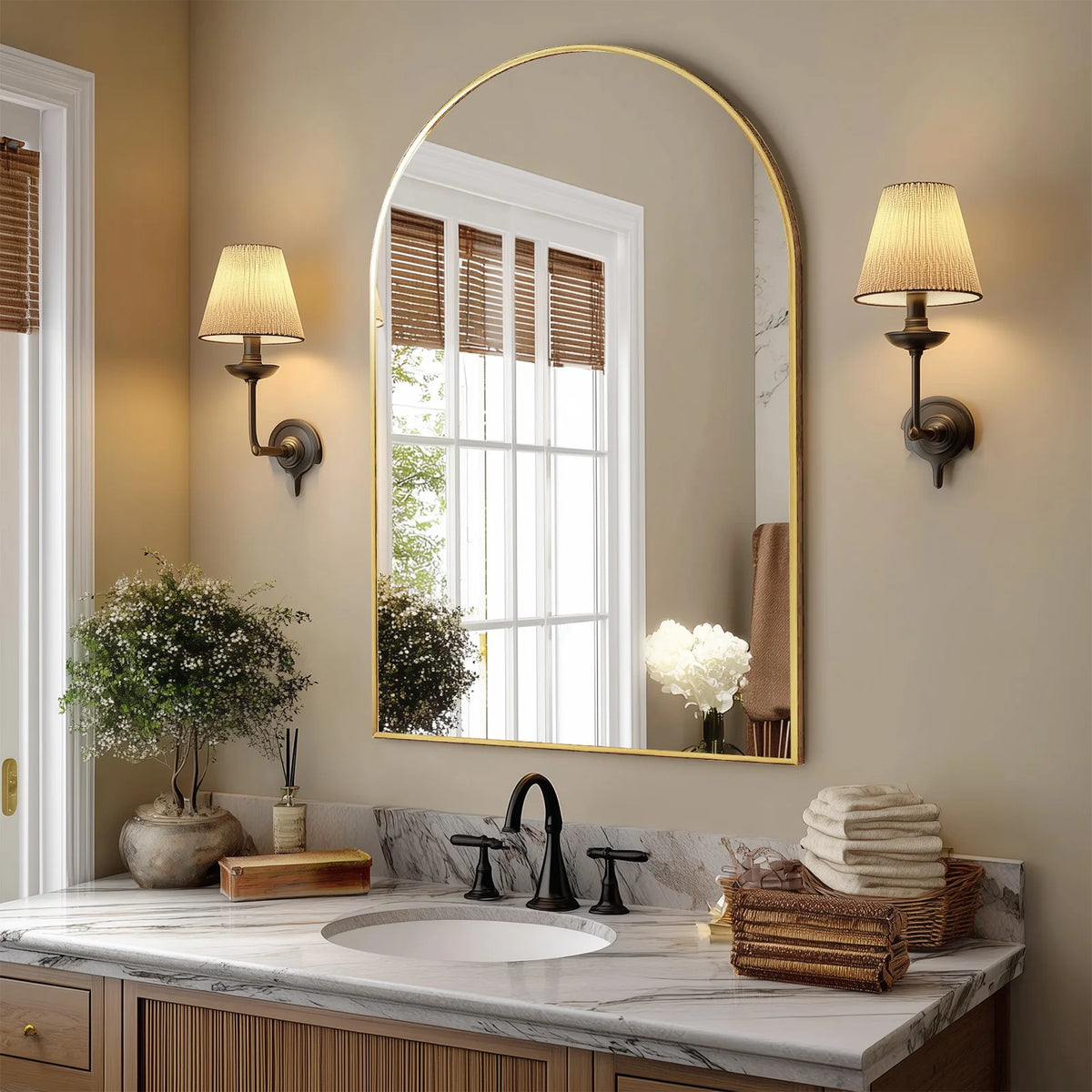 JHK Arched Metal Framed Bathroom Mirror Modern Wall Decor