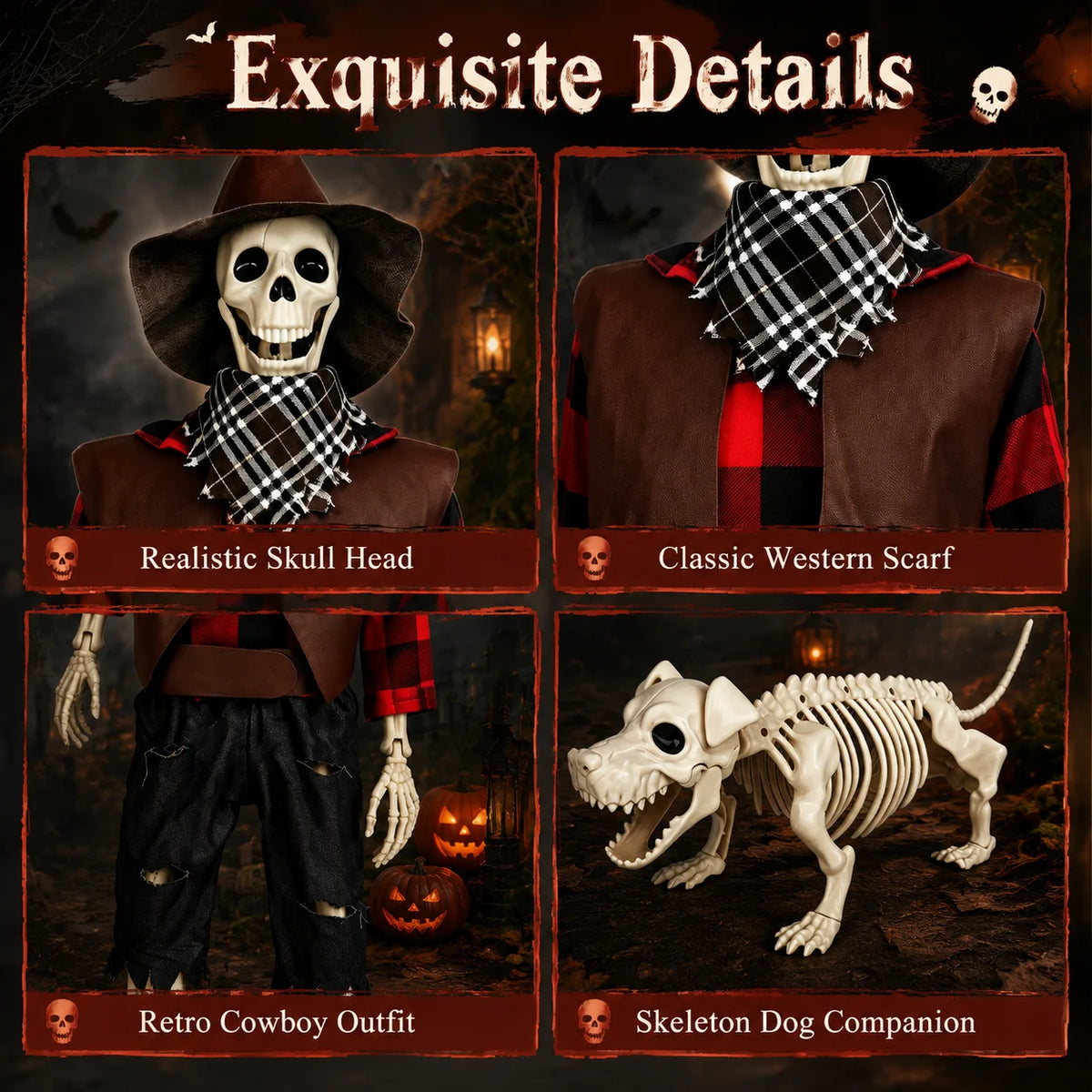 Posable Halloween Cowboy Skeleton And Plastic Dog Outdoor Decor
