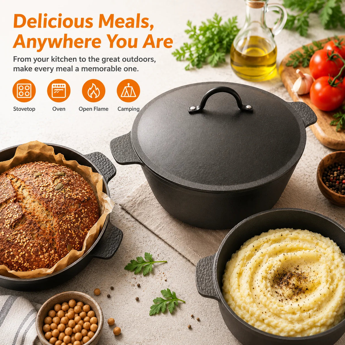 HanSMART Cast Iron Dutch Oven Nonstick Cooking Pot With Lid